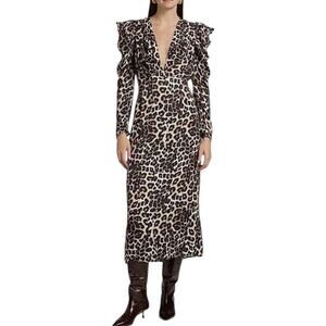 Farm Rio Leopard Print V-Neck Midi Dress Long Sleeve Empire Waist Size Large NEW